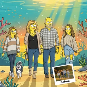May include: A cartoon illustration of a family of four and a dog walking on a beach, with an underwater background. The family is depicted in a yellow skin tone. A small photo with the word "Before" is in the bottom right corner.