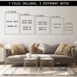 May include: The image displays a living room setting with a gray sofa, decorative pillows, and two gold side tables. The text at the top reads "7 FILES INCLUDED, 5 DIFFERENT RATIO". The image also shows print sizes in inches and centimeters.