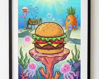 Sponge Burger Printable Wall Art | Trendy Kitchen Decor, Krabby Patty Burger Recipe Print