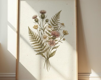 Vintage Wildflower Sketch, Rustic Thistle & Daisy Botanical Print for Farmhouse Kitchen Decor