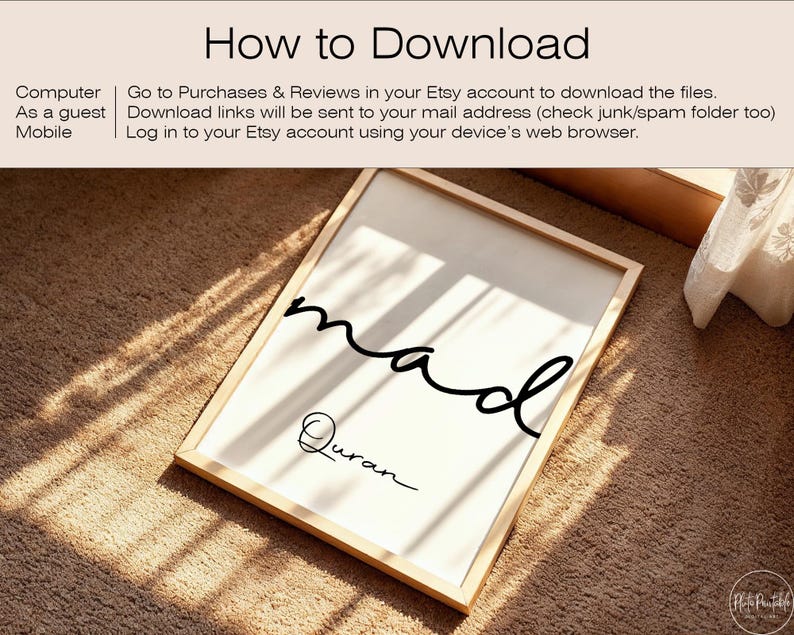 May include: A framed print with the word "mad" in a flowing script and the word "Quran" below it. The frame is light-colored wood, and the background is white. The print is on a brown carpet.