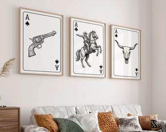 Western Wall Art Set | Wild West Playing Cards, Southwestern Decor, Cowboy, Skull, Revolver