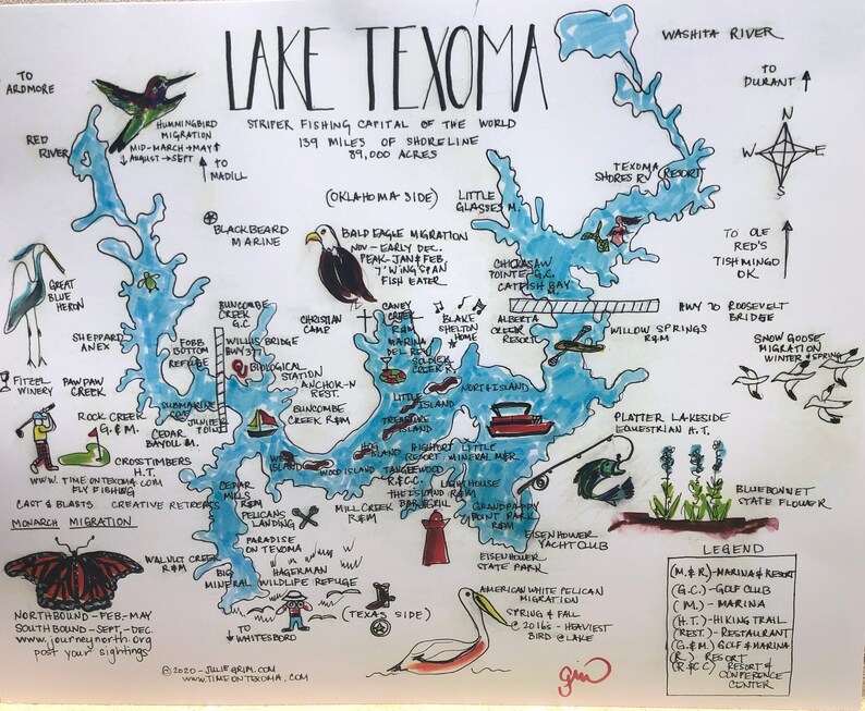Postcard Map of Lake Texoma Etsy