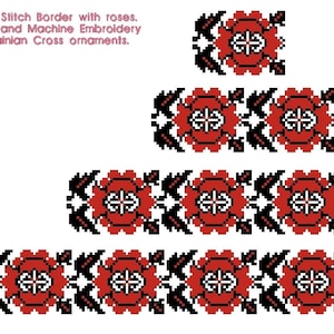 Bordo a punto croce con rose. Ornamenti della croce ucraina ricamati a mano e a macchina.