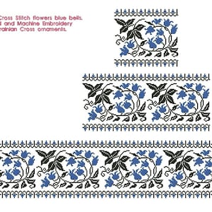 Border Cross Stitch flowers blue bells. Hand and Machine Embroidery ukrainian Cross ornaments.