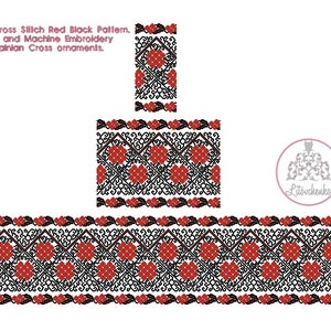 Border Cross Stitch Red Black Pattern. Hand and Machine Embroidery ukrainian Cross ornaments.
