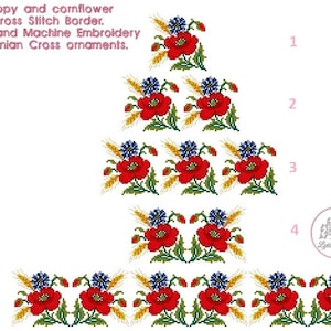 Poppy and cornflower Cross Stitch Border. Hand and Machine Embroidery ukrainian Cross ornaments
