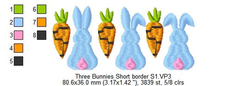Three Bunnies Trio rabbit in a row Easter machine embroidery filled border designs 5 Sizes