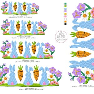Trio de trois lapins lapins d&#39;affilée Motifs de bordure rempli de broderie machine de Pâques 5 tailles