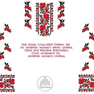 Folk Roses cross-stitch Pattern Set for ukrainian women's ethnic clothes. Hand and Machine Embroidery Cross ornaments for ukrainian women's.