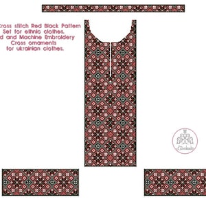 Folk Cross stitch Red Black Pattern Set for ethnic clothes.Hand and Machine Embroidery Cross ornaments for ukrainian clothes.