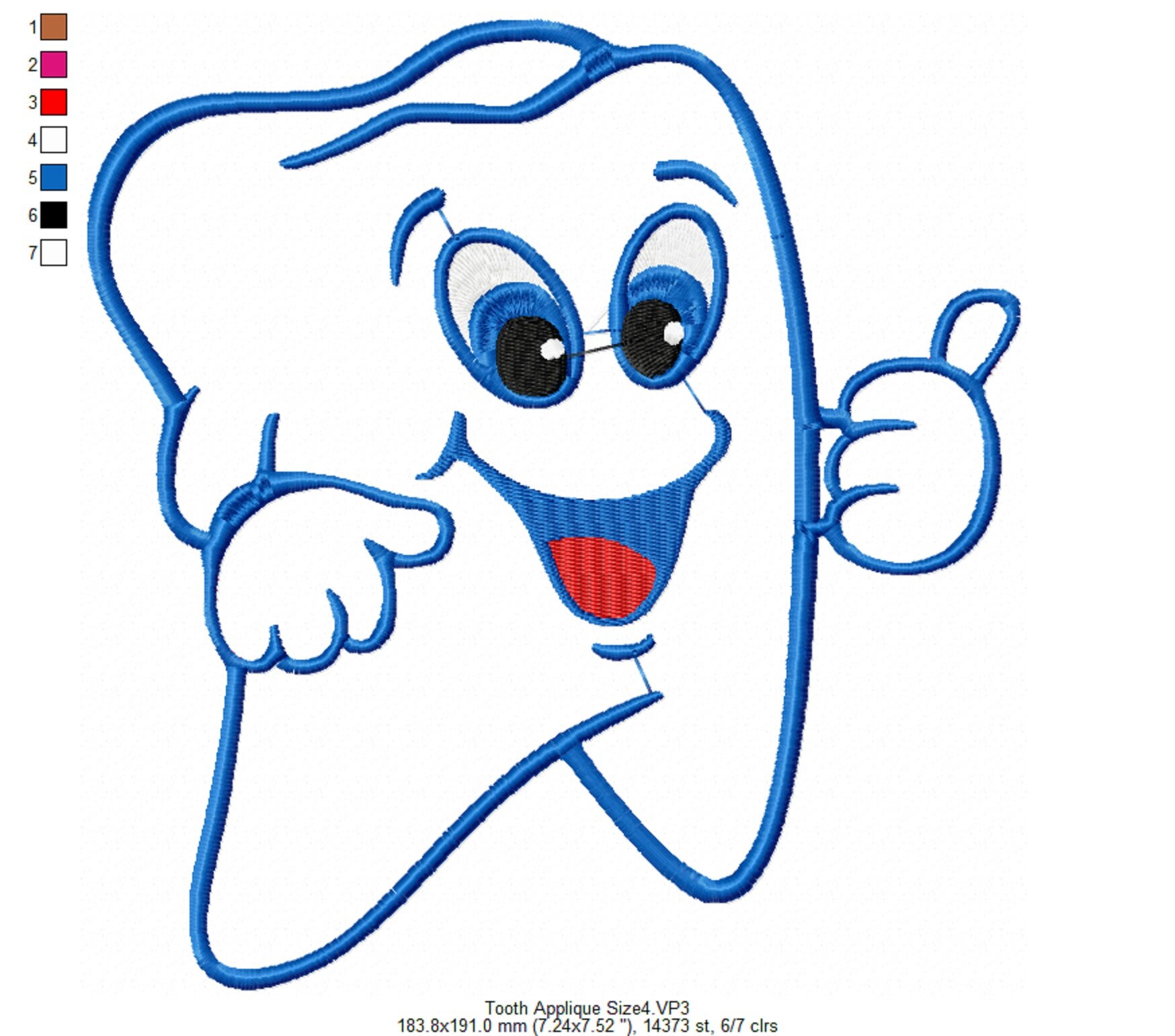 Tooth Applique Embroidery Design. Funny Medical Embroidery Design