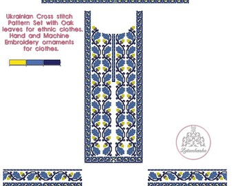 Ukrainian Cross stitch Pattern Set with Oak leaves for ethnic clothes.Hand and Machine Embroidery ornaments for clothes