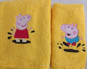 Asciugamani Peppa Pig e George Ricamati (60cm x 100cm + 60cm x 40cm. Vari  Colori) Regalo Bambina Bambino Compleanno