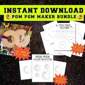 Digital Pom Pom Maker Bundle Set, DIY Pom Pom Maker, Cardboard Pom Template, Pom Pom PDF Instant Download,  Make a Pom Pom, Fiber Art Tools
