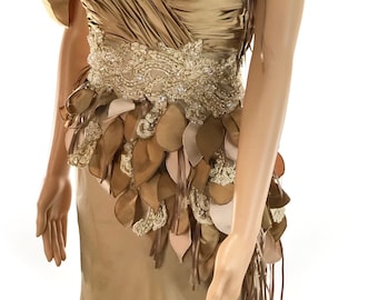 Vintage Gold Tone Event Dress, Silk Women's Fashion Gown, Floral Long A-Line Dress Taffeta, Size 0-4 Custom Made Ball Gowns, Beaded Wrap