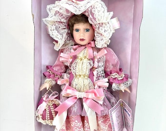 Vintage Porcelain Doll Sabrina Pink Ruffled Dress, Collectible Dolls, Birthday Gifts Women, 1990's LIKE NEW Lace Doll Clothes Hat Umbrella