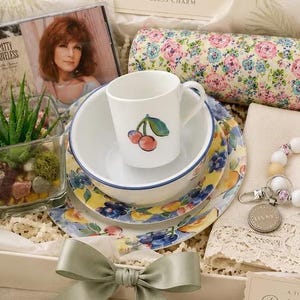 Vintage Gift Package Music CD Tea Cup Set, Get Well Gift Box, Handmade Napkin, Mini Pillow, Keychain, Air Plant, Relaxation Gifts Women