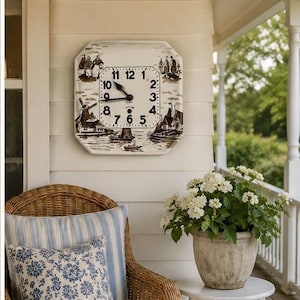 Vintage Delft Plate Wall Clock White Ceramic with Brown, Rare Square Clocks, Kitchen Home Decor, Dutch Windmill, Holland Farmhouse Gifts
