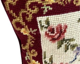 Vintage Rose Pillow French Cottage Home Decor Cushion Cover Floral Tapestry Burgundy Red Velvet Small Pillow 14x14 Insert Included Pre-Owned