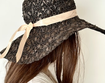 Large Straw Hat for Women, Pink Satin Ribbon on Black, Vintage Wide Rim Derby Hats, Summer Fasion Outfit Accessory, Gifts, Beachwear
