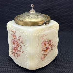 Floral Mt. Washington Square Wave Crest Glass Cookie Jar, Collectible Hostess Gifts Home Decor, Antique Biscuit Cracker Jar, Silverplate Lid