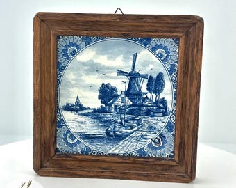 Cuadro decorativo de pared enmarcado con azulejos azules de Delft vintage, molino de viento holandés, cerámica de barco de verano, decoración de cocina de granja blanca holandesa, D. Blau