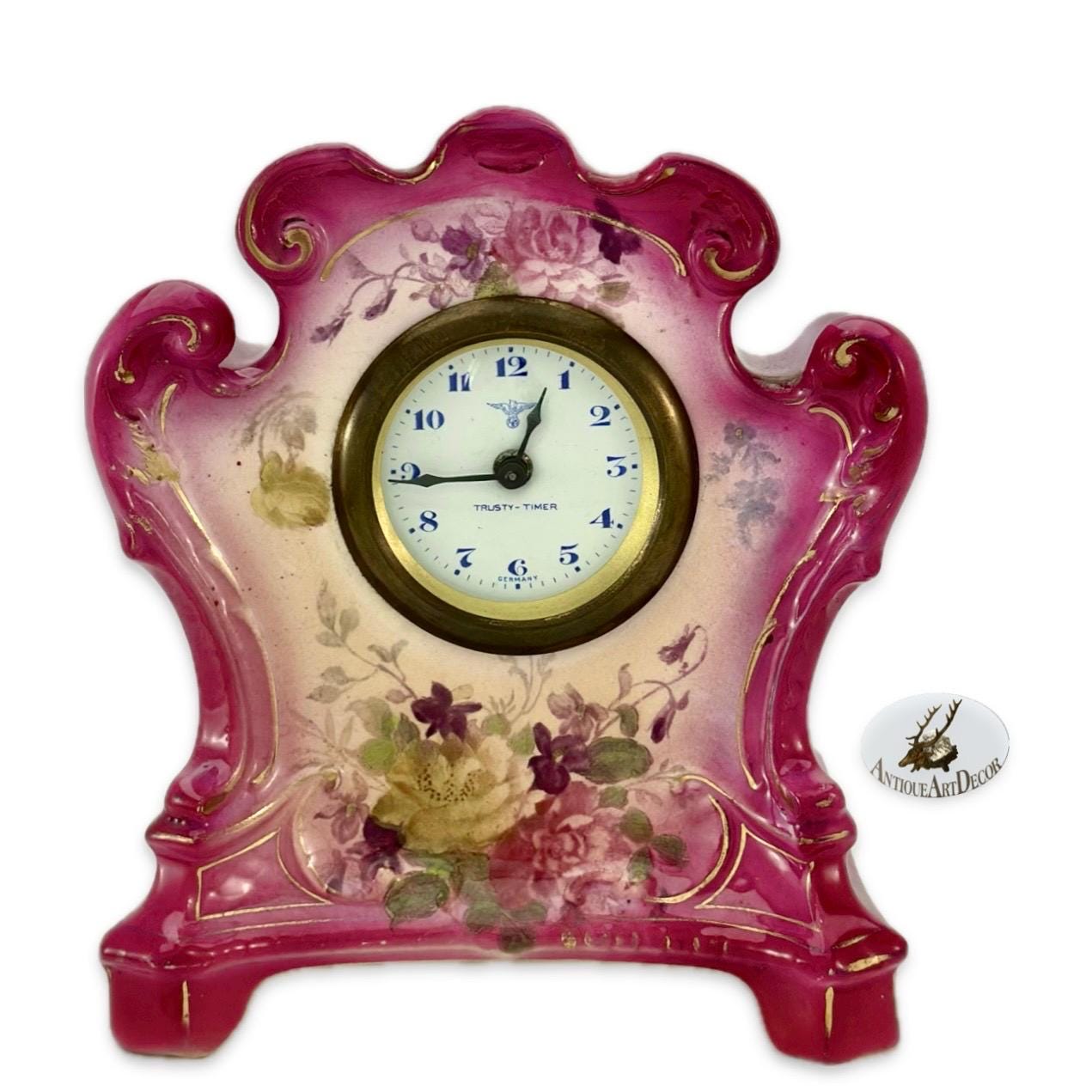 HO-HO 9cm ローズオニールのデザイン vintage CAMEO ソフビ Porcelain Mantel Clock Pink Floral Scalloped, 1755 Antique Time