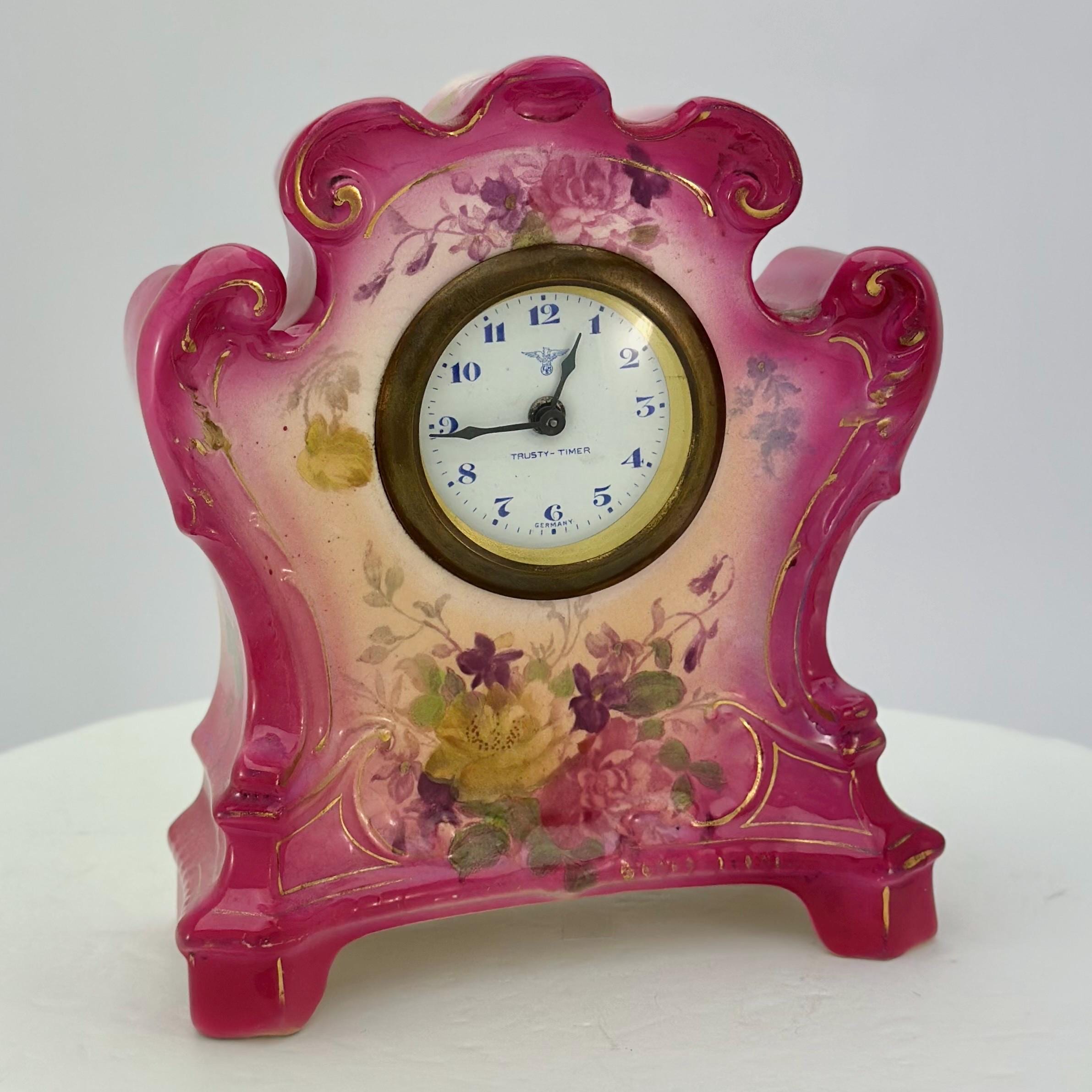 Porcelain Mantel Clock Pink Floral Scalloped, 1755 Antique Time