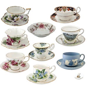 May include: A collection of antique teacups and saucers. The cups feature floral patterns, landscapes, and various designs. Some have gold trim. The collection includes a small bowl with floral accents. The teacups are displayed on a white background.