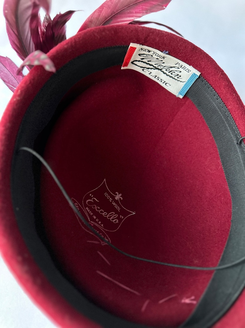 Vintage Red Feather Hat Wool Derby Hat for Women, Luggage Box Excello