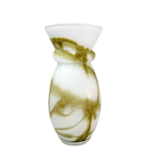 May include: White and olive green glass vase. The vase has a bulbous body with a flared top and a decorative knot-like detail. The olive green color swirls throughout the white glass, creating a marbled effect. A decorative home decor item.