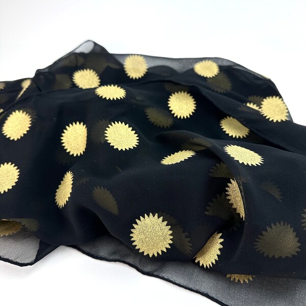 Celestial Silk Scarf Black Japanese Chiffon Shoulder Wrap Large Gold Sun Designer Scarf 33x66 New-Vintage with Tag Silk Fashion Scarf