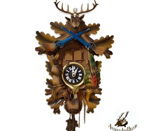 Reloj de cuco musical suizo antiguo, con temática de caza, reloj de pared con ciervos y bosque, con 3 pesas y péndulo, estilo cabaña.