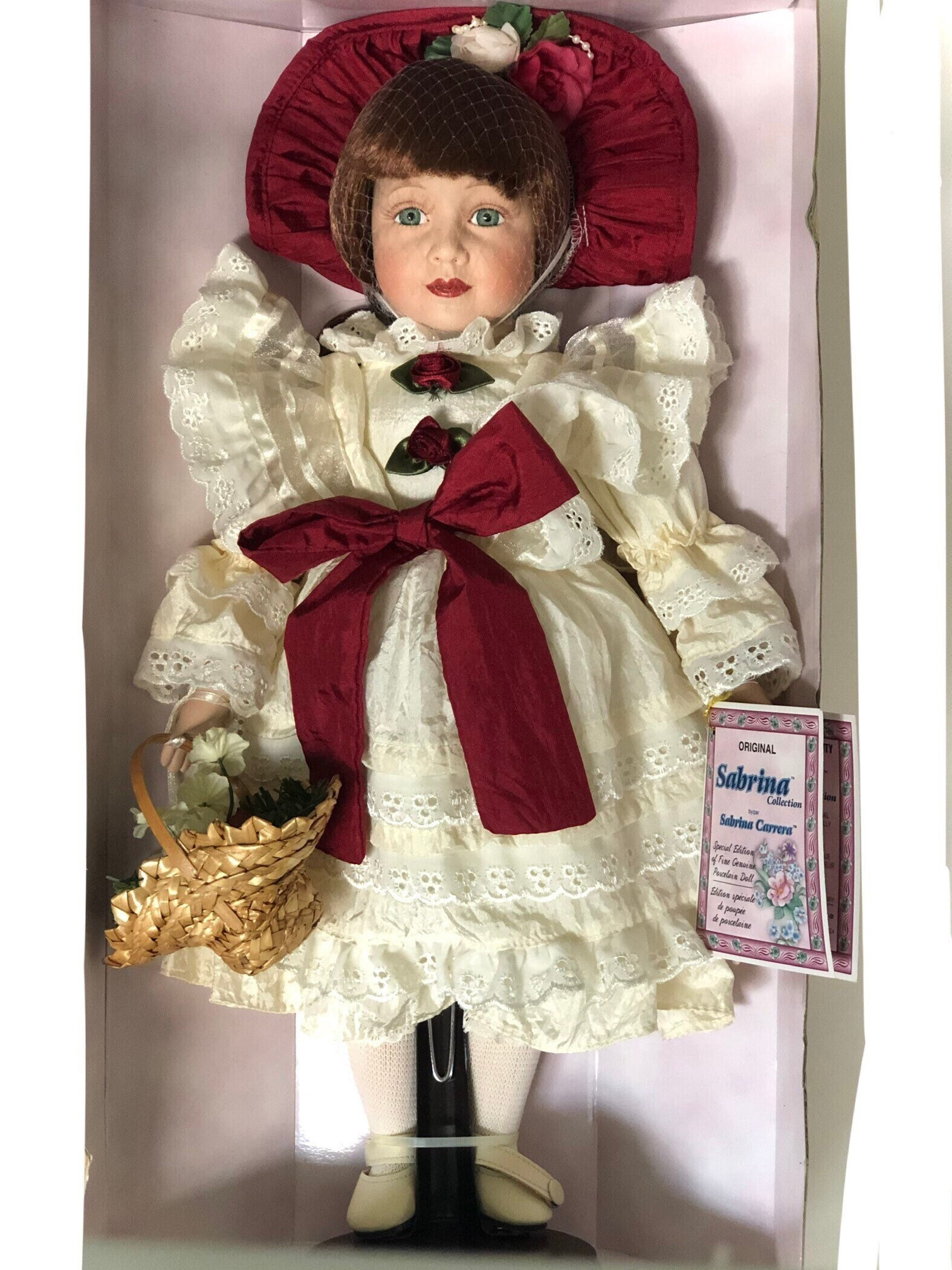 Christmas Doll Porcelain Sabrina Dolls Vintage Gifts 1990's Like-New Victorian Doll Clothes Satin Red Bow Collection Item Holiday Home Decor