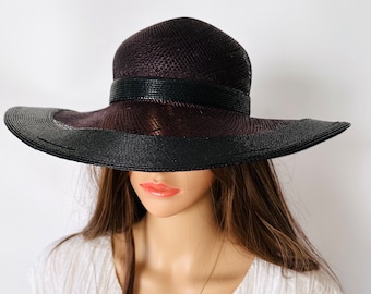 Black Straw Hat Women Vintage Gifts for Her Valentines Day Spring Hats with Tag, Fashion Derby Polo Accessory Vacation Wide Rim Black Tan