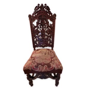Ornate Chair Throne Style Wooden Dining Room Furniture, Carved Wood with Leaf and Bird Decor, Antique Throne Chairs Greek Needlework Cushion