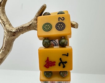 Vintage MahJong Bracelet, Beaded Stretchy Mah Jongg Jewelry, Handmade Retro Style Orange Tile Bracelets Dragon, Gifts