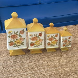 Set of Four Ceramic Pedestal Floral Yellow Chrysanthemum Canisters - MCM Canister Set 1970s - Original Vintage Cookie Jar, Flour Jar, Sugar