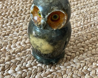 Figurine hibou vintage en albâtre sculptée à la main, décoration hibou des années 1970, fabriquée en Italie