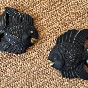Pair of Vintage Millers Studio Chalkware Black and Gold Fish Wall Plaques 1954 - Kissing Fish Chalkware Wall Hangings