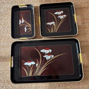 MCM Plastic Tray Set, Nesting Set of 3 Trays - Vintage Made in Japan - Vintage - 1950s- 1960s - Mid Century Modern Floral Japan Lacquerware