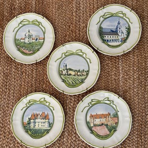 Midcentury Longchamp French Wine Region Plates, Set of 5 - Ready to Hang French Wall Hanging Plates - Vintage Longchamp Wine Château Plates