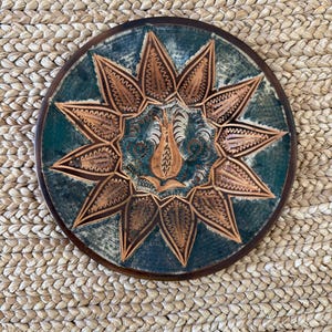 Vintage Etched Copper Plate - 7.5 inches with Sun/ Floral Design on Shallow Plate