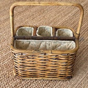 Vintage Floral Fabric Lined Wicker Utensil Picnic Basket Napkin Caddy Rustic Country Farmhouse - Cottage Decor Picnic Props