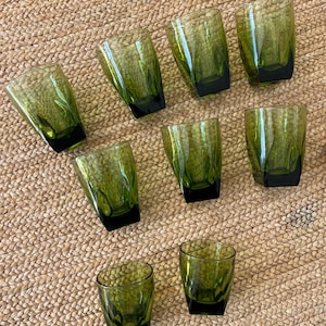 MCM Green Glasses Set of 9 Total - 7 Tumblers 2 Juice - Vintage Hazel Atlas Green Glasses - Set of Colony Vanity Green Square Bottom Glasses