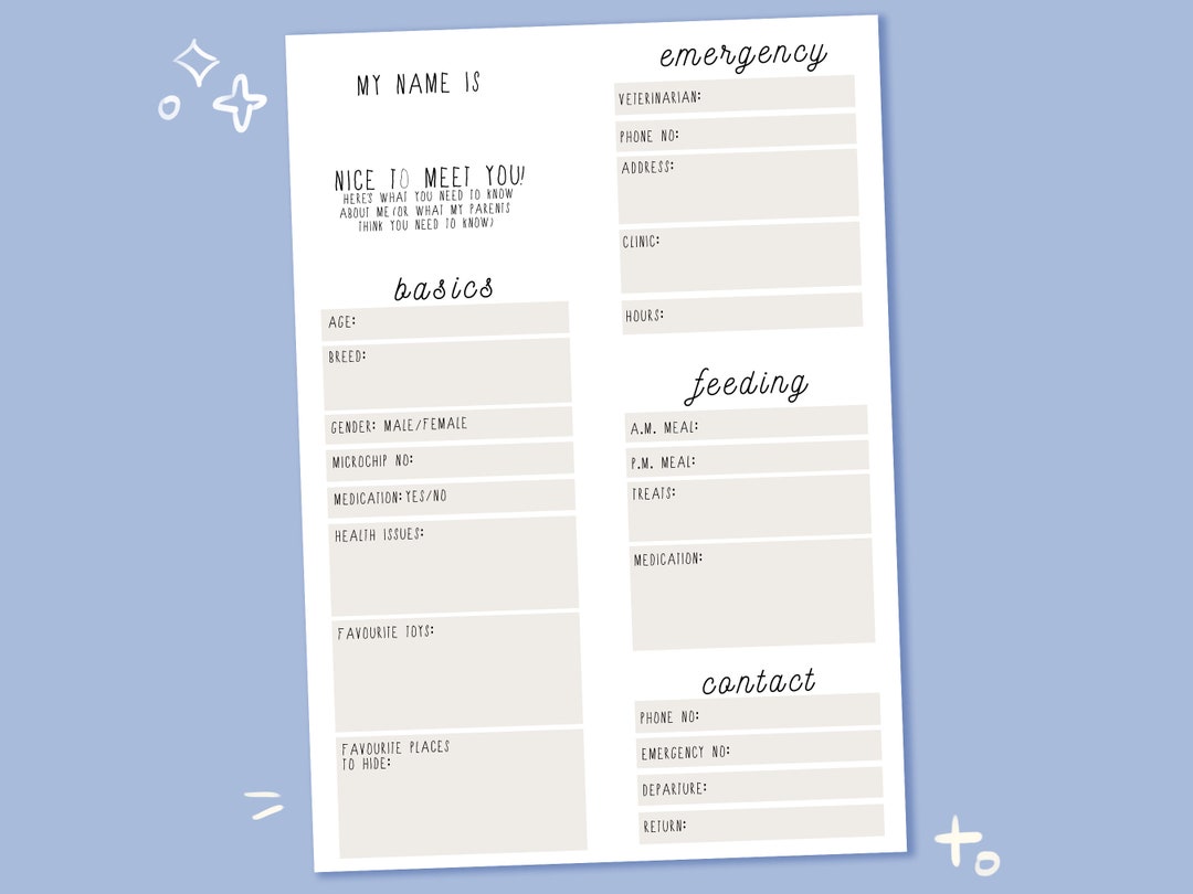 Pet Sitter Printable. Complete Pet Sitter Info Template to - Etsy