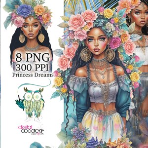 Clipart inspirado em princesa boho negra, arquivos digitais de alta resolução para uso comercial gratuito,