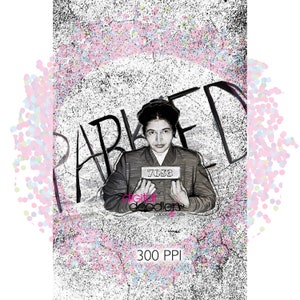 May include: Black and white image of Rosa Parks, a civil rights activist, holding a sign that reads "7053". The image is surrounded by a pink, blue, and green confetti pattern.