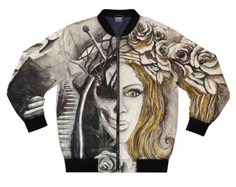 Ink & Watercolor Skull Unisex Bomber Jacket, Half Skull Girl On Front, All Over Print, Black, White and Gold, Sale Excludes Physical,